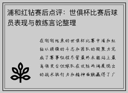 浦和红钻赛后点评：世俱杯比赛后球员表现与教练言论整理