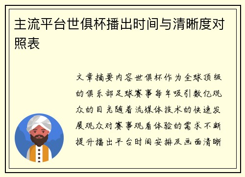 主流平台世俱杯播出时间与清晰度对照表